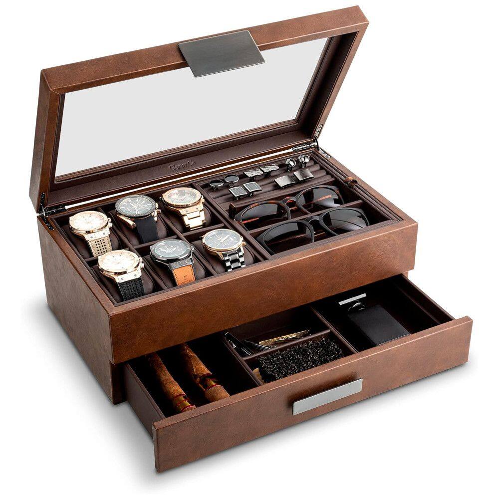 Caixa, Estojo de Fibra de Carbono para Relógios com 6 Compartimentos, Glenor Co, Preto