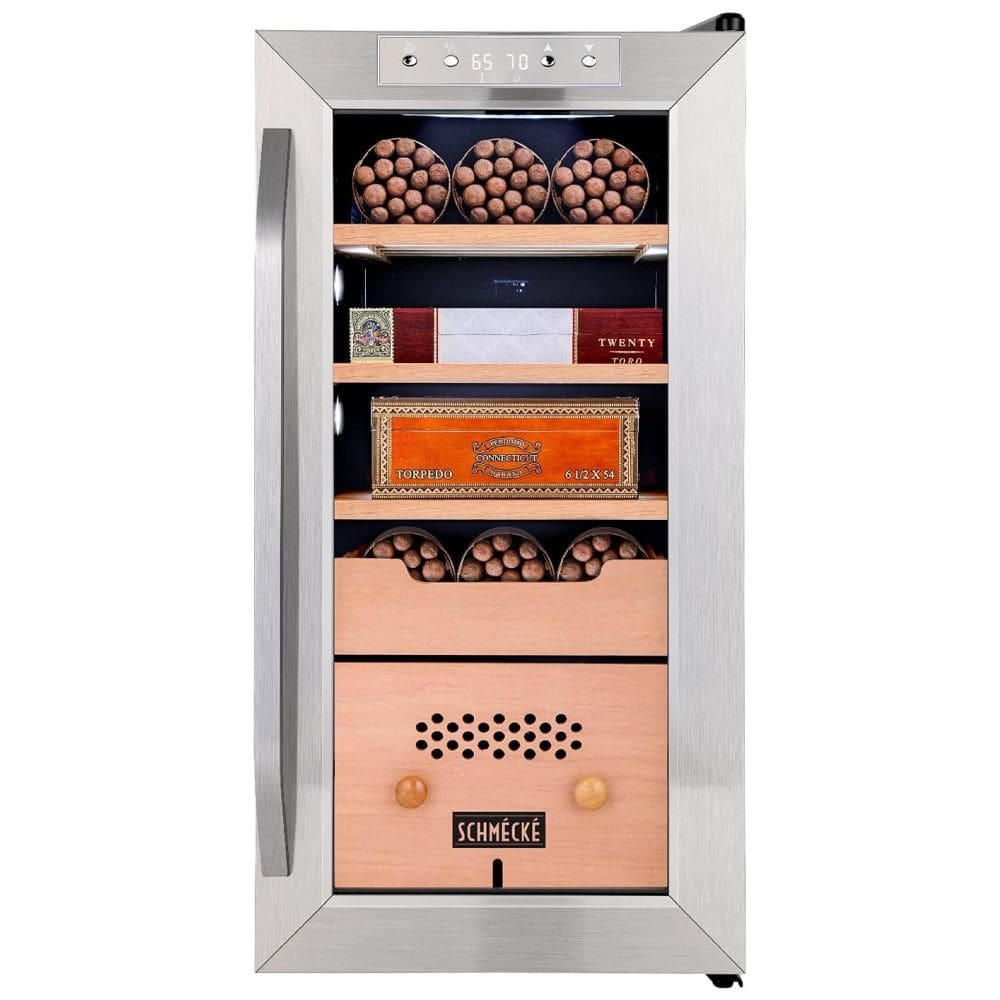 Umidor Elétrico para Charutos 250 Unidades com Prateleiras e Higrômetro, 110 Volts, Schmecke, Prata e Preto