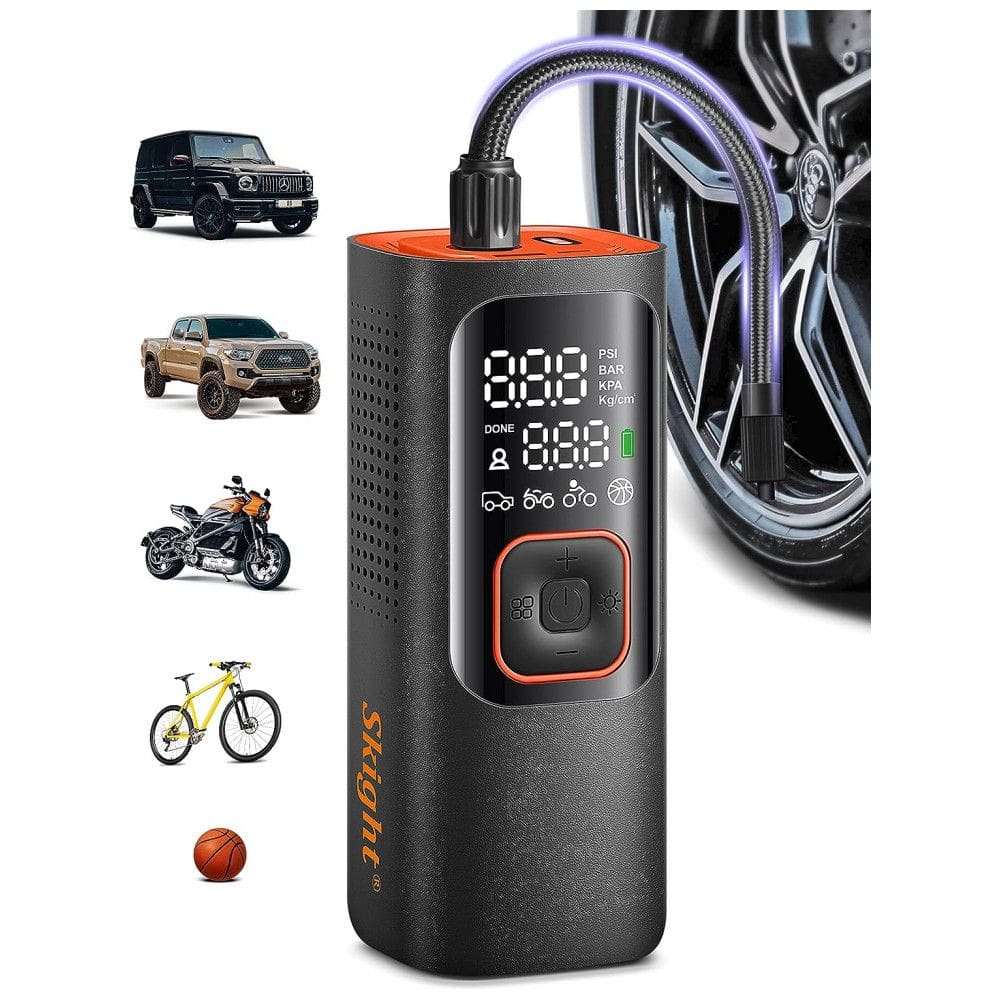 Compressor de Ar Portátil 160 PSI Recarregável, 2X Mais Rápido e Display LCD, 12V, Skight, Laranja