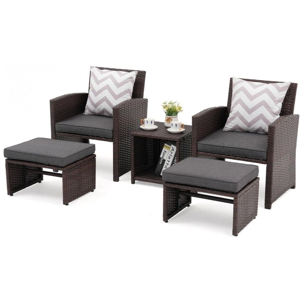 Conjunto de Móveis para Varanda OC OrangeCasual 5 Peças com Almofadas, Cadeira de Vime Marrom com Otomano, Mesa de Armazenamento para Jardim