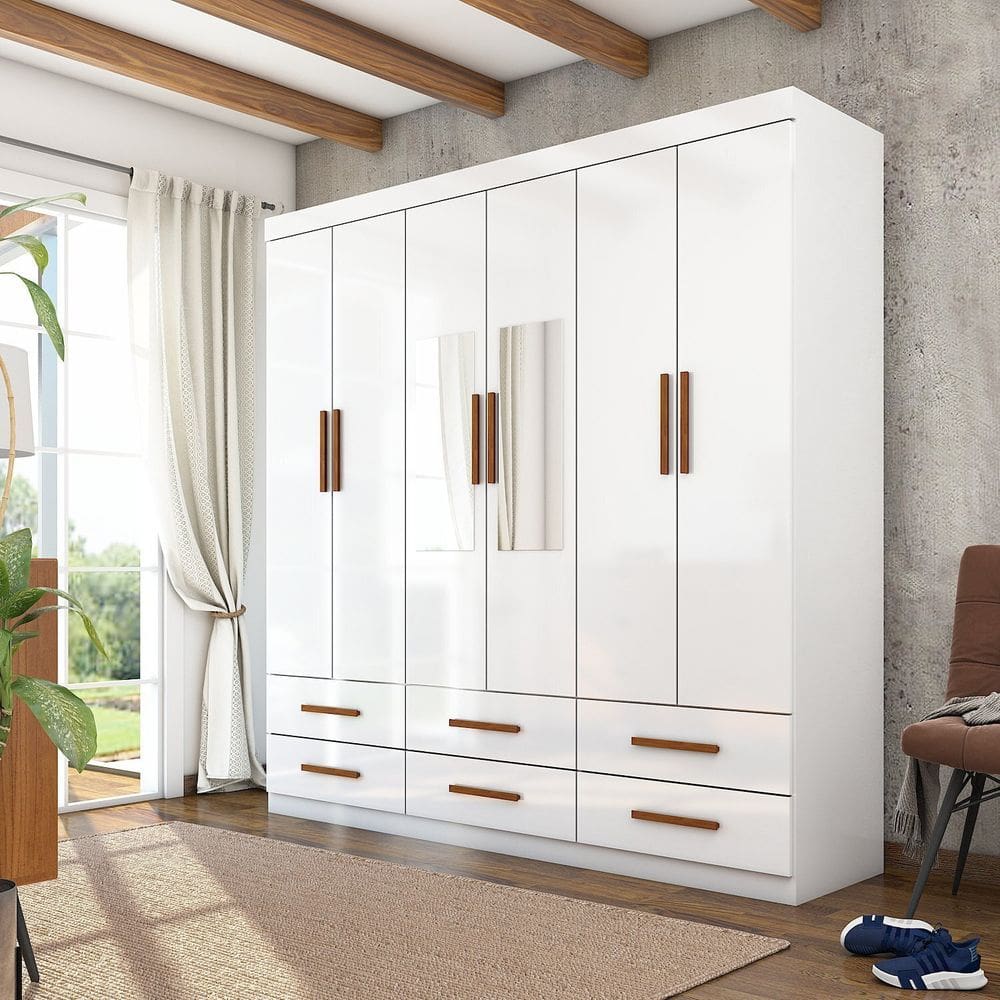 Guarda-roupa 6 Portas 6 Gavetas com Espelho Denver Branco