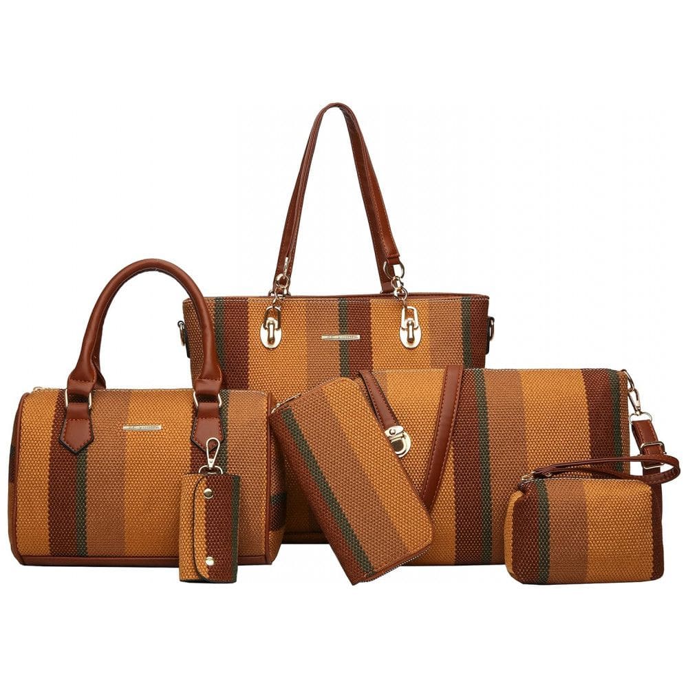 Conjunto de Bolsas Femininas 6 Peças com Carteira, 2E youth, Marrom Listradp