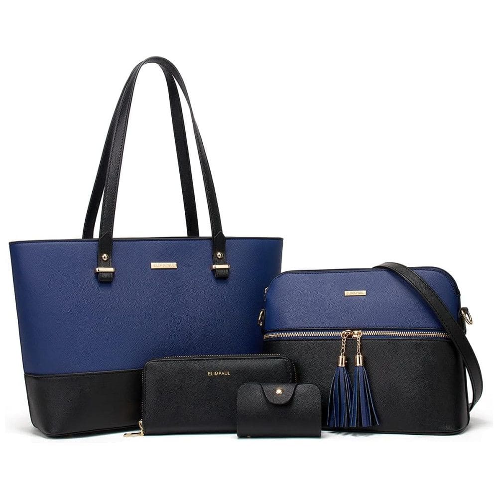 Conjunto de Bolsas Femininas em Couro Sintético 4 Peças com Carteira, Lovematch, Preto e Azul
