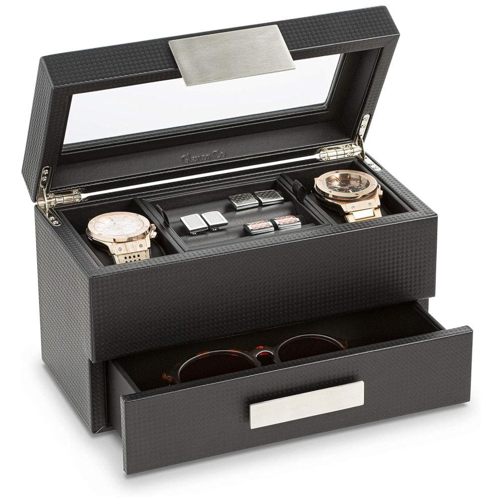 Caixa, Estojo de Fibra de Carbono para Relógios com 2 Compartimentos, Glenor Co, Preto