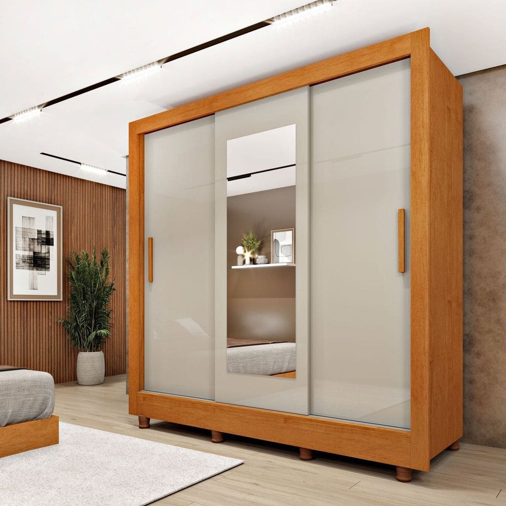 Guarda Roupa Casal 3 Portas Taiffa 190cm com Espelho e Pés Espresso Móveis Cinamomo /Off White