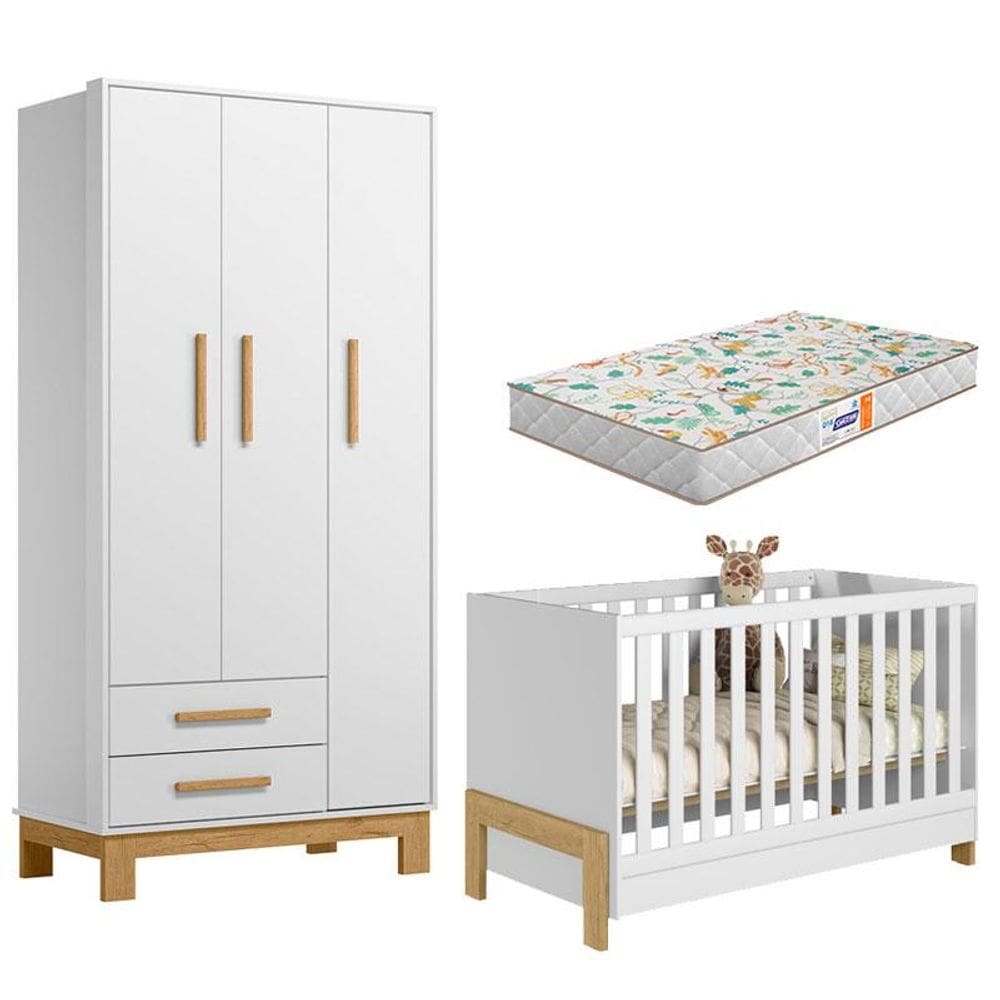 Berço Americano 4300 Mini Cama Fantasia e Guarda Roupa Infantil Q Encanto Slim 4340  Branco Acetinado com Colchão Gazin – Qmovi