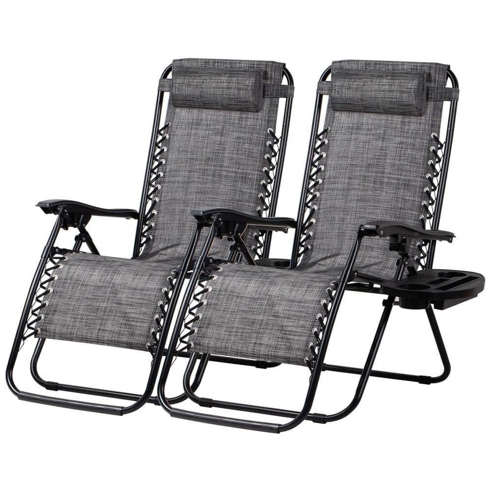 Conjunto de 2 Cadeiras de Praia Reclináveis Nazhura em Aço com Design de Malha, Almofada e Porta-Copos - Cinza