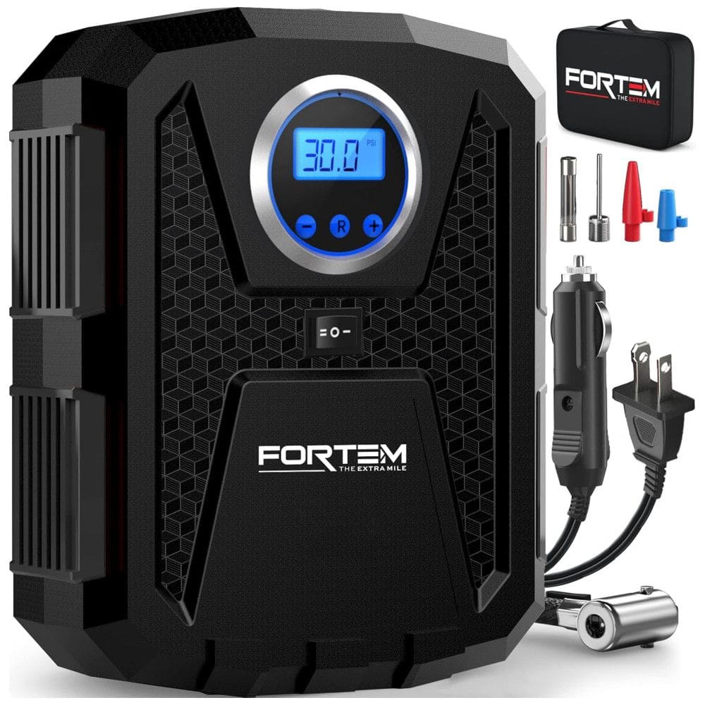 Compressor de Ar com Fio Portátil 150 PSI Recarregável com Tela LED e Desligamento Automático, 110V, FORTEM, Preto