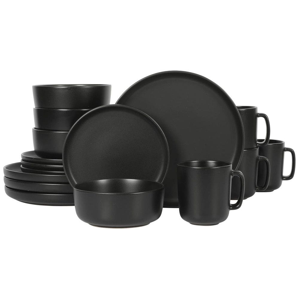 Aparelho de Jantar com 16 Peças em Cerâmica Faiança Incluindo Pratos, Xícaras e Bowls, Gibson Home Zuma, Preto Fosco