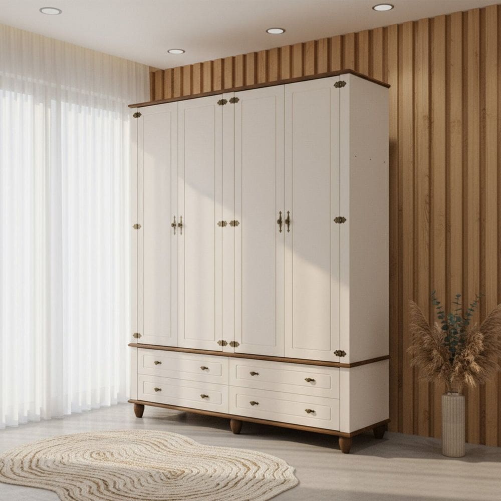 Guarda-roupa 4 Portas 4 Gavetas com Tampo Bases e Pés de Madeira Maciça Joy Off White