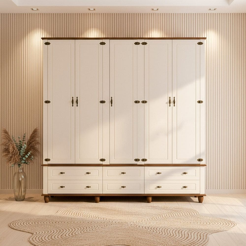 Guarda-roupa 5 Portas 6 Gavetas com Tampo Bases e Pés de Madeira Maciça Joy Off White
