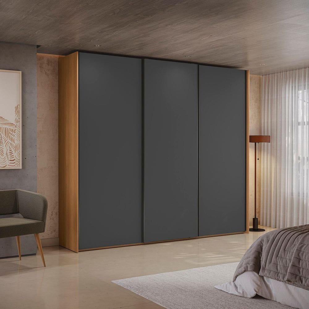 Guarda-roupa 3 Portas de Correr e 4 Gavetas Dormitorio Sliding Canela/Grafite