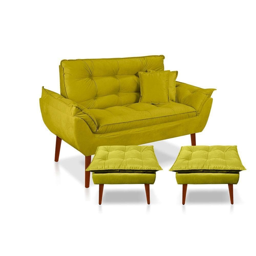 Kit Poltrona Decorativa Namoradeira 2 Puffs Opala E 2 Almofadas Suede Amarelo - Lm Decor