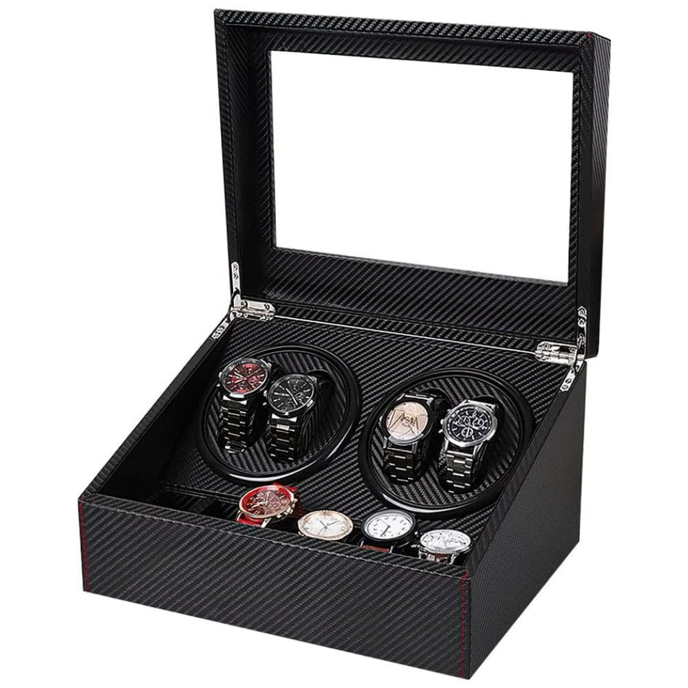 Caixa, Estojo de Couro Fibra de Carbono Rotativo Automático para Relógios com Adaptador AC Incluído , 10 Lugares, J T Technology, Preto