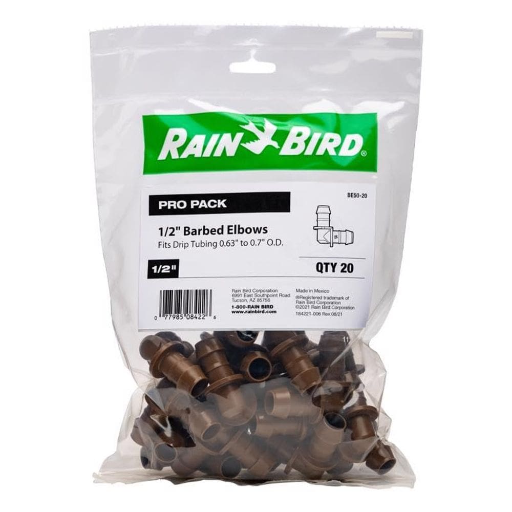 Encaixe de mangueira para cotovelo farpado Rain Bird 1/2”, pacote com 20