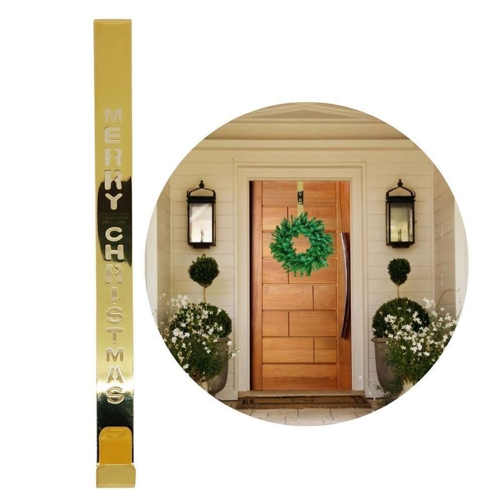 Suporte Para Guirlanda Metal Dourado Merry Christmas 31cm Encaixe Porta - Magizi