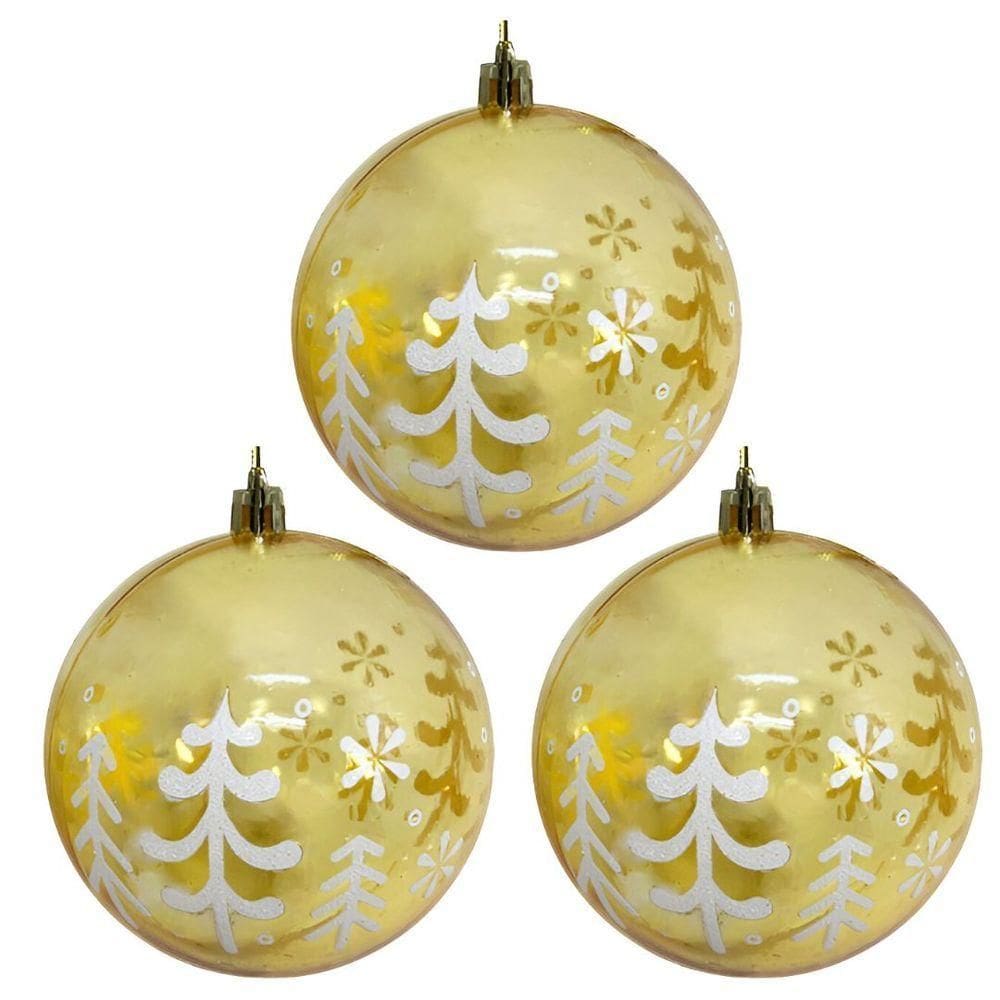 Kit 3 Bolas De Natal Decorada Print Mix Dourada Translúcida Luxo 10cm - Magizi