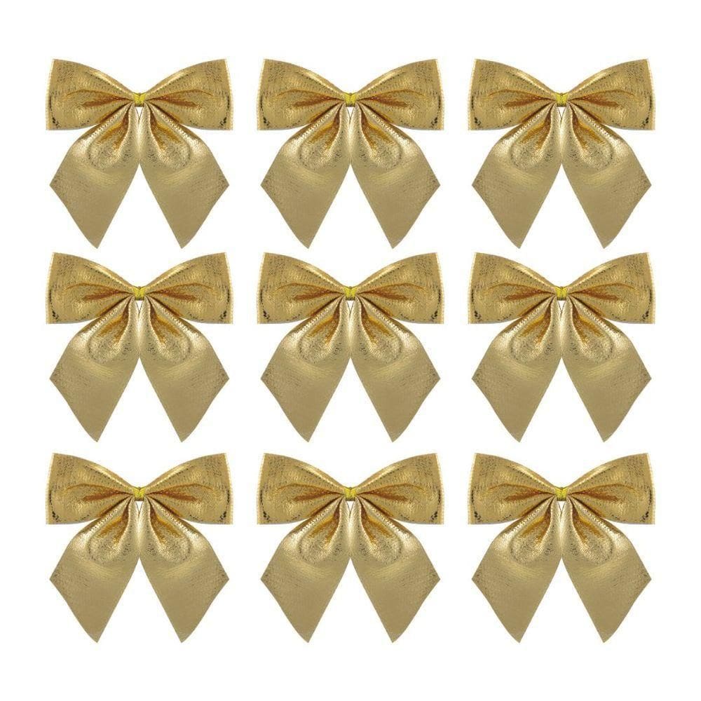 Kit 9 Laços Natalinos Dourado Brilho Suave 10x9cm - Magizi