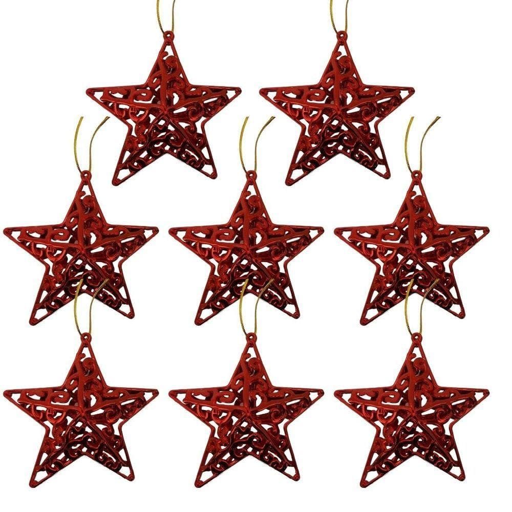Kit 8 Estrelas Tridimensional Arabesco Vermelha Lisa Brilho 11cm - Magizi
