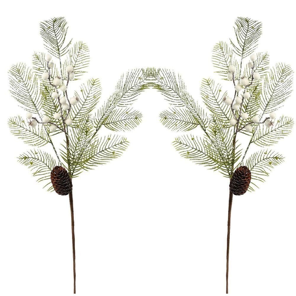 Kit 2 Galhos Natal Folhagens Nevada Berries Branco E Pinha 68cm - Magizi