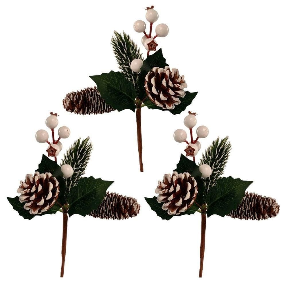 Kit 3 Galhos Natal Pick Nevado Folhagens Pinhas E Berries Branco 18cm - Magizi