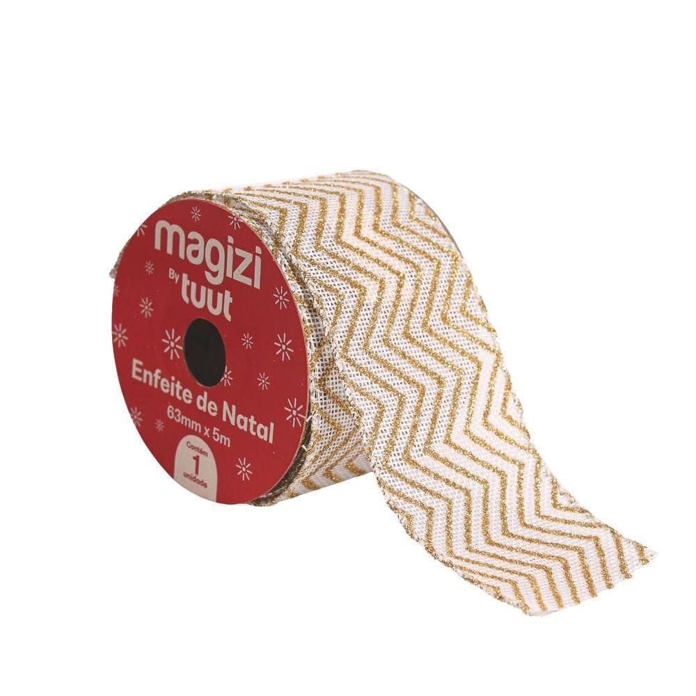 Fita Aramada Tecido Branco Listras Douradas Rolo 63mm X 5 Metros - Magizi