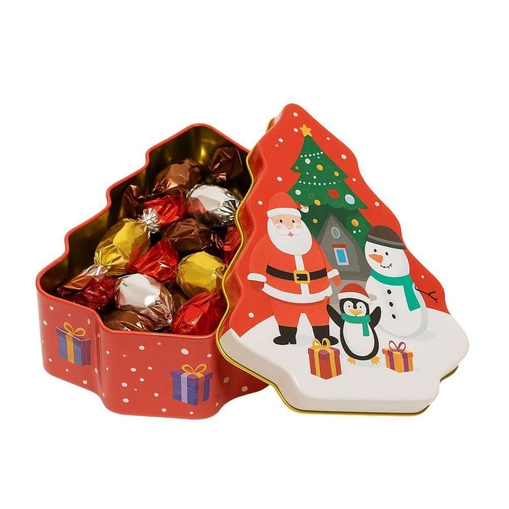 Lata Decorativa Natalina Multiuso Metal Tampa árvore De Natal Estampada Personagens Merry Christmas 18cm