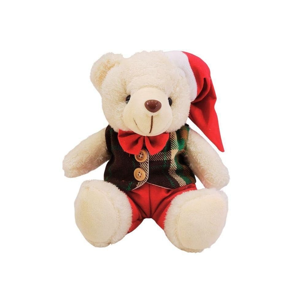 Urso Pelúcia Natalino Creme Prime Colete Xadrez Verde E Marrom Gorro E Gravata Vermelho 20cm - Master Christmas
