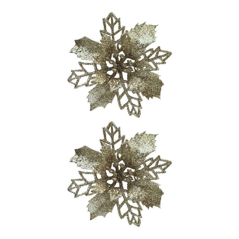 Jogo 2 Flores Bico De Papagaio Champanhe Natal Pick Glitter 9cm Com Presilha - Magizi