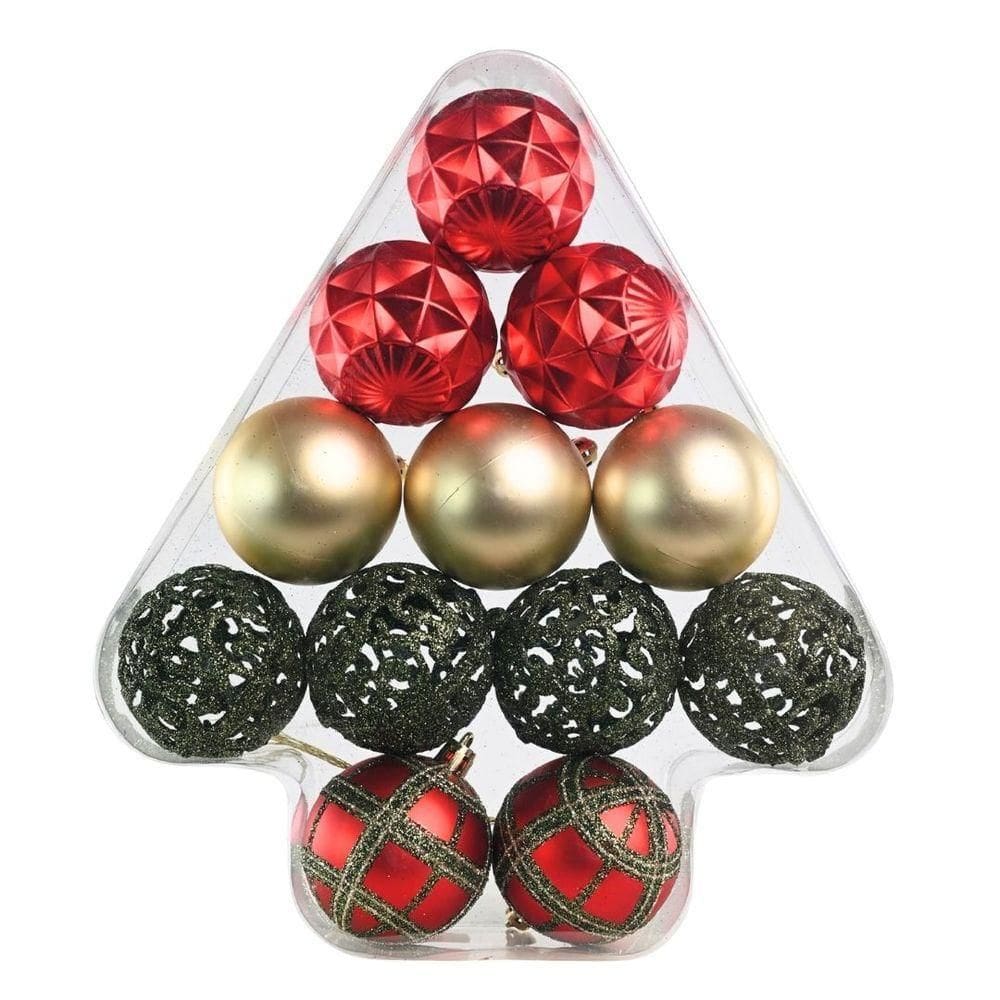 Kit 12 Bolas Natal Texturas Arabesco Luxo Vermelho, Dourado E Verde 6cm Na Caixa Pinheiro - Magizi
