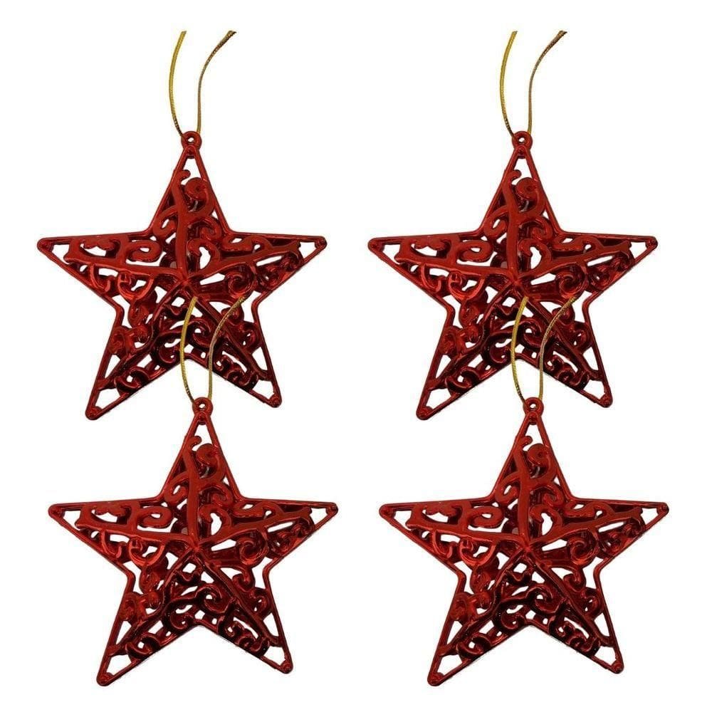 Kit 4 Estrelas Tridimensional Arabesco Vermelha Lisa Brilho 11cm - Magizi
