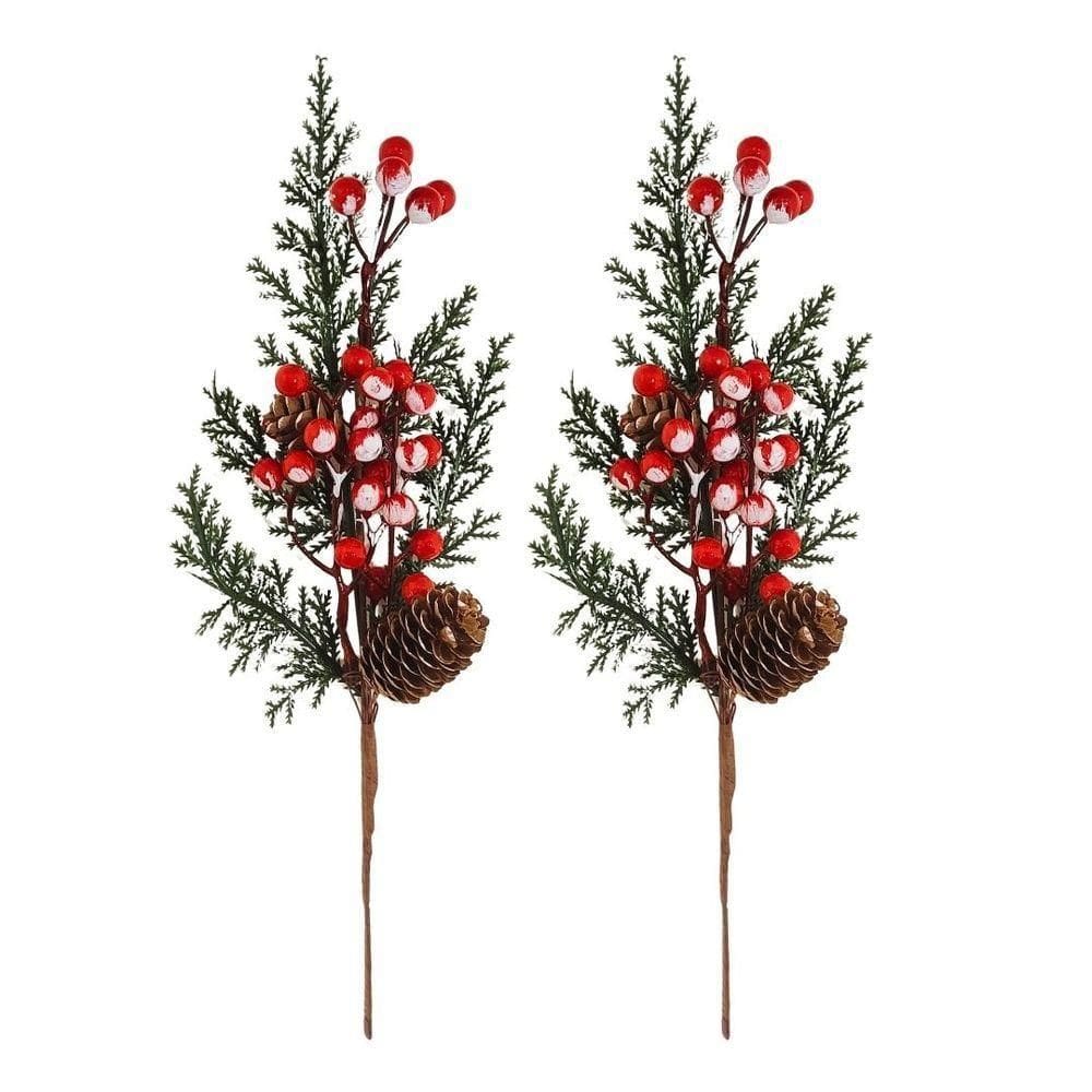 Jogo 2 Galhos Pick Decorativo Natal Com Folhagens, Pinhas E Cereja Nevada 30cm