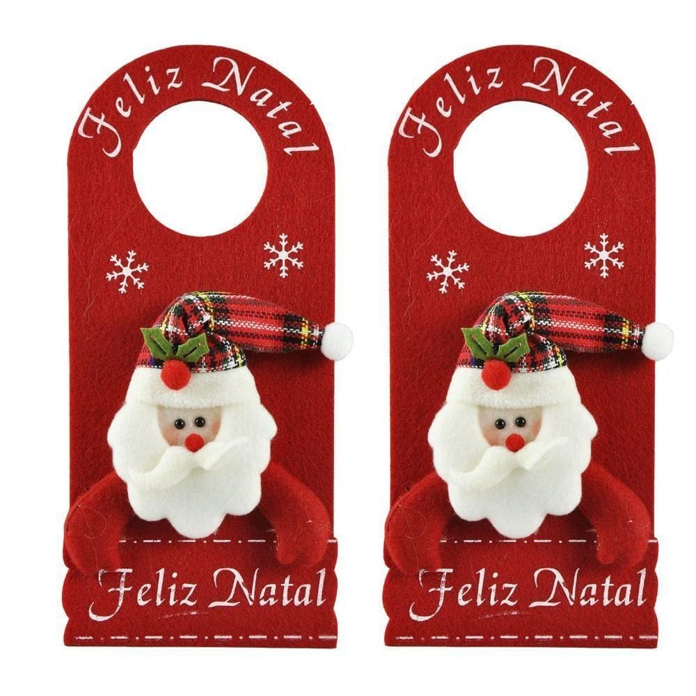 Kit 2 Decora Maçaneta Feliz Natal Pelúcia Papai Noel Gorro Xadrez 30cm - Master Christmas