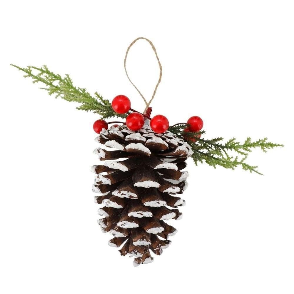 Pinha Decorada Natalina Grande Nevado Com Folhagens E Berries 14cm