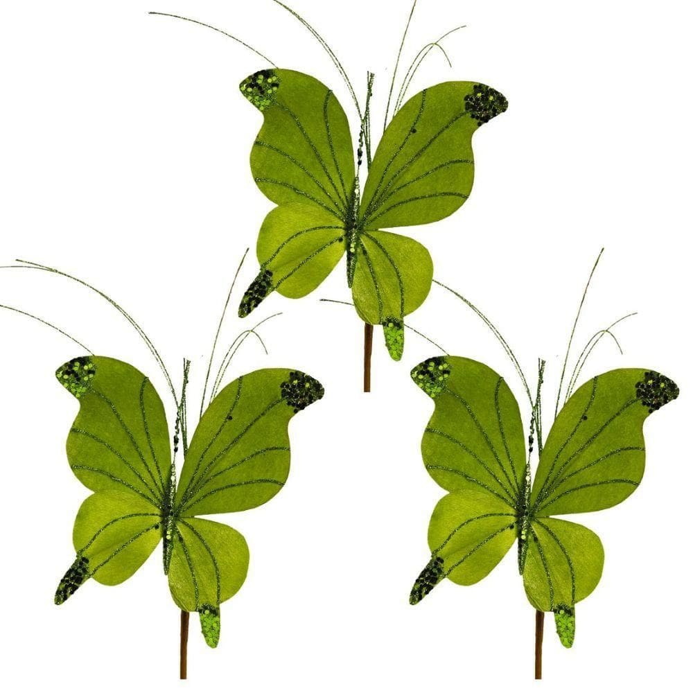 Kit 3 Borboletas Pick Natal Verde Full Glitter Luxo 23cm - Magizi