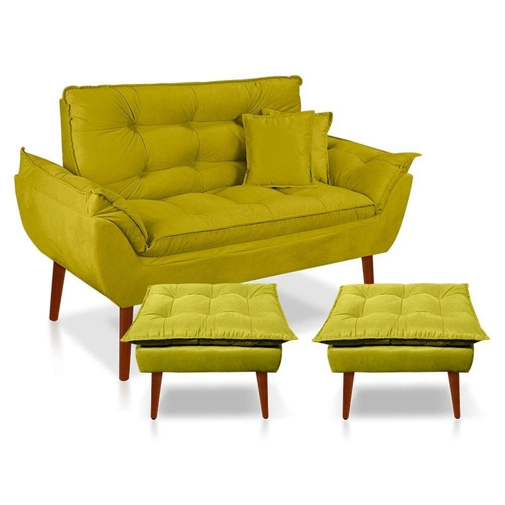 Kit Poltrona Decorativa Namoradeira 2 Puffs Opala E 2 Almofadas Suede - Lm Decor Amarelo