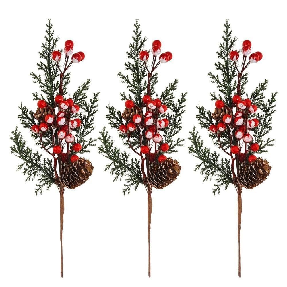 Jogo 3 Galhos Pick Decorativo Natal Com Folhagens, Pinhas E Cereja Nevada 30cm