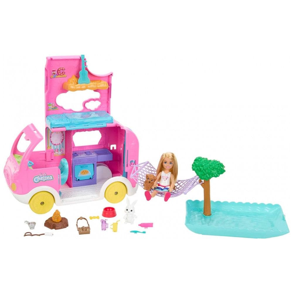 Acampamento da Barbie 2 em 1 com 15 Acessórios, 2 Pets e Boneca Chelsea, Rosa