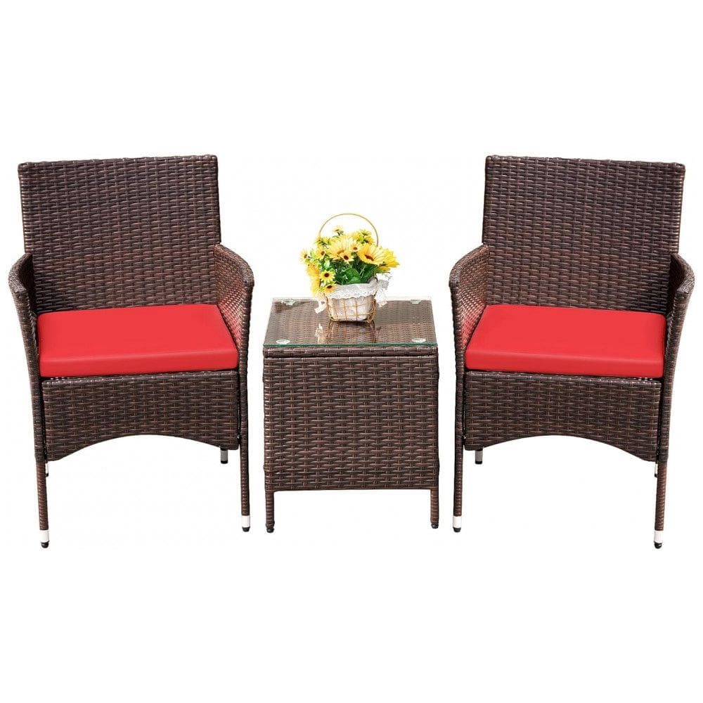 Conjunto de Móveis para Varanda Devoko 3 Peças em Vime PE com Cadeiras e Mesa de Jardim ao Ar Livre Marrom/Vermelho