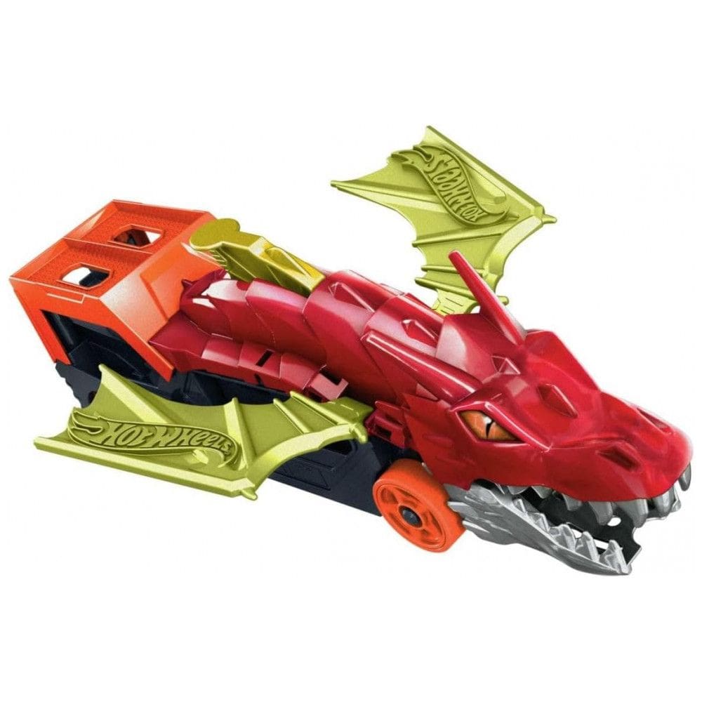 Hot Wheels City Conjunto de Pista de Carrinhos, Transportador de Lançamento do Dragão, Veículo Escala 1:64, Lançamento de Carros pela Boca
