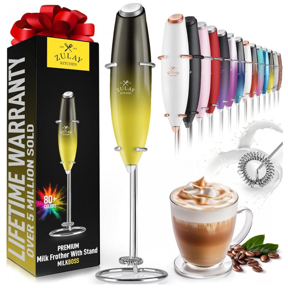 Espumador de Leite Elétrico Portátil em Aço Inoxidável a Pilhas, Amarelo e Preto