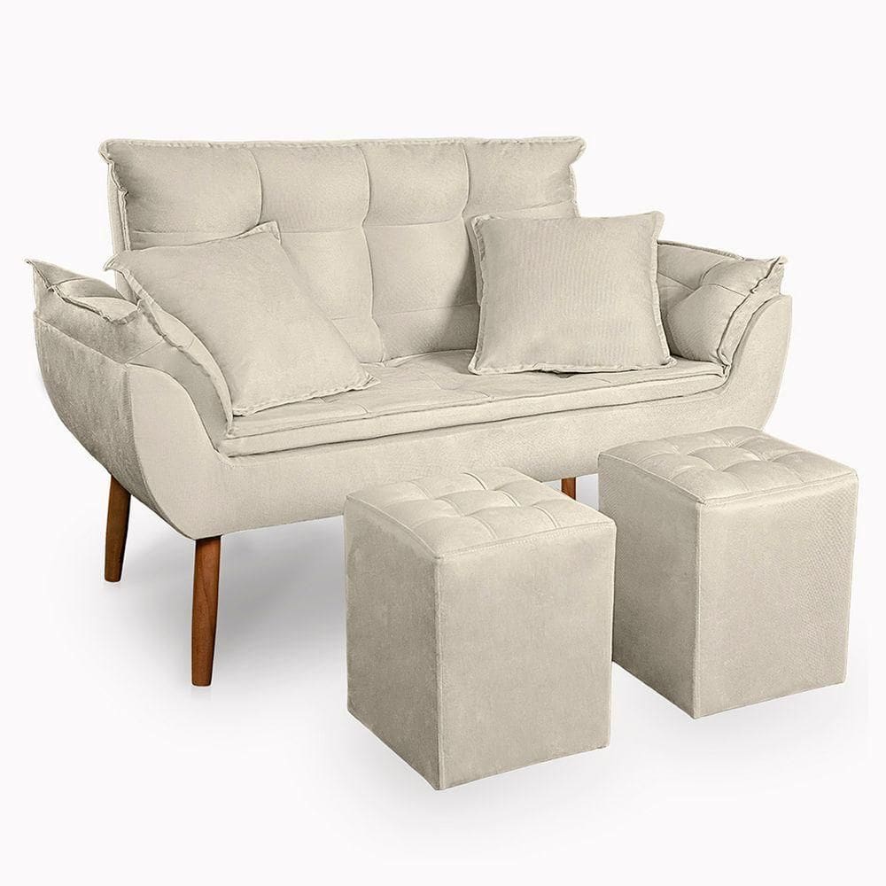 Kit Poltrona Decorativa Namoradeira 2 Puffs Quadrado E 2 Almofadas Suede - Lm Decor Bege