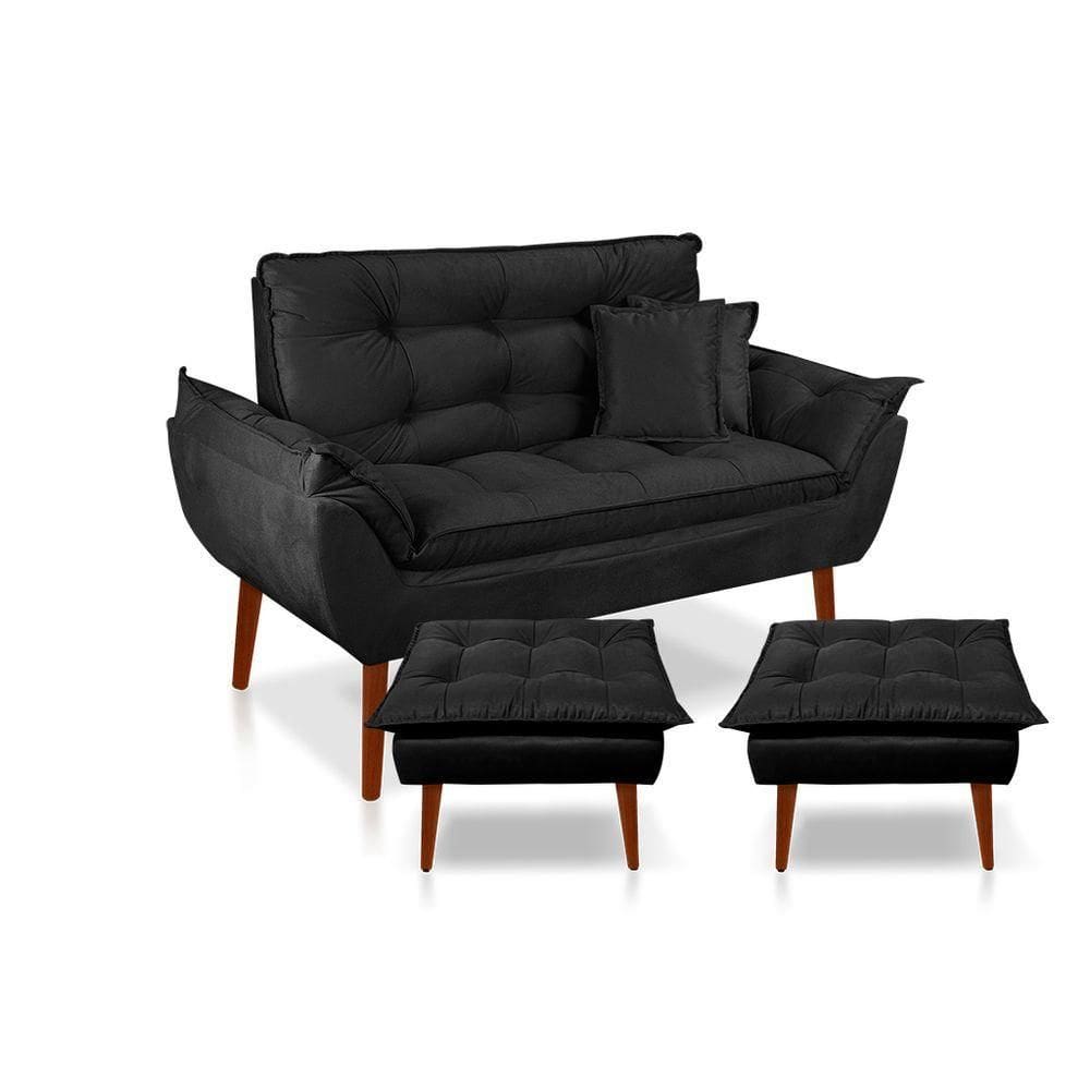 Kit Poltrona Decorativa Namoradeira 2 Puffs Opala E 2 Almofadas Suede Preto - Lm Decor