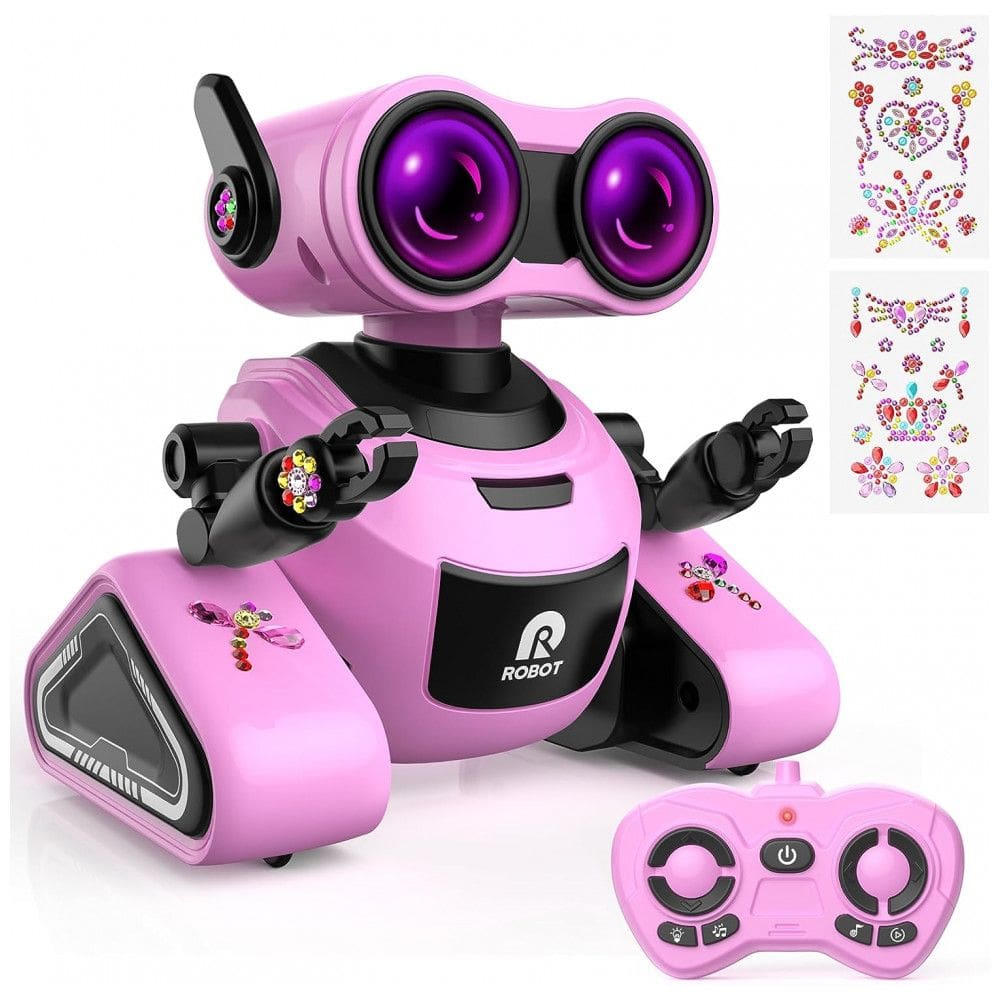 Robô Interativo de Controle Remoto com Adesivos 3D, Músicas e Olhos LED Coloridos, 3 a 7 Anos, Rosa