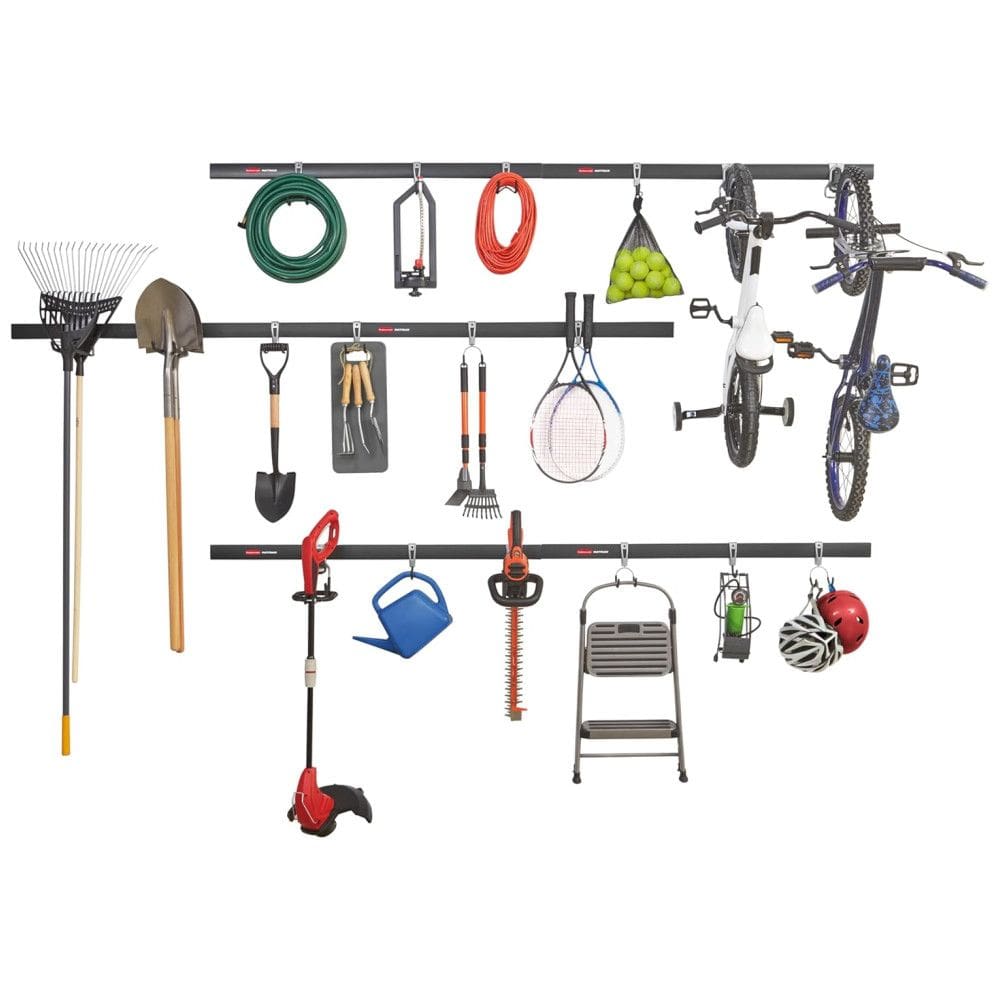 Kit Organizadores de Parede para Garagem 6 Trilhos e 18 Ganchos Rubbermaid