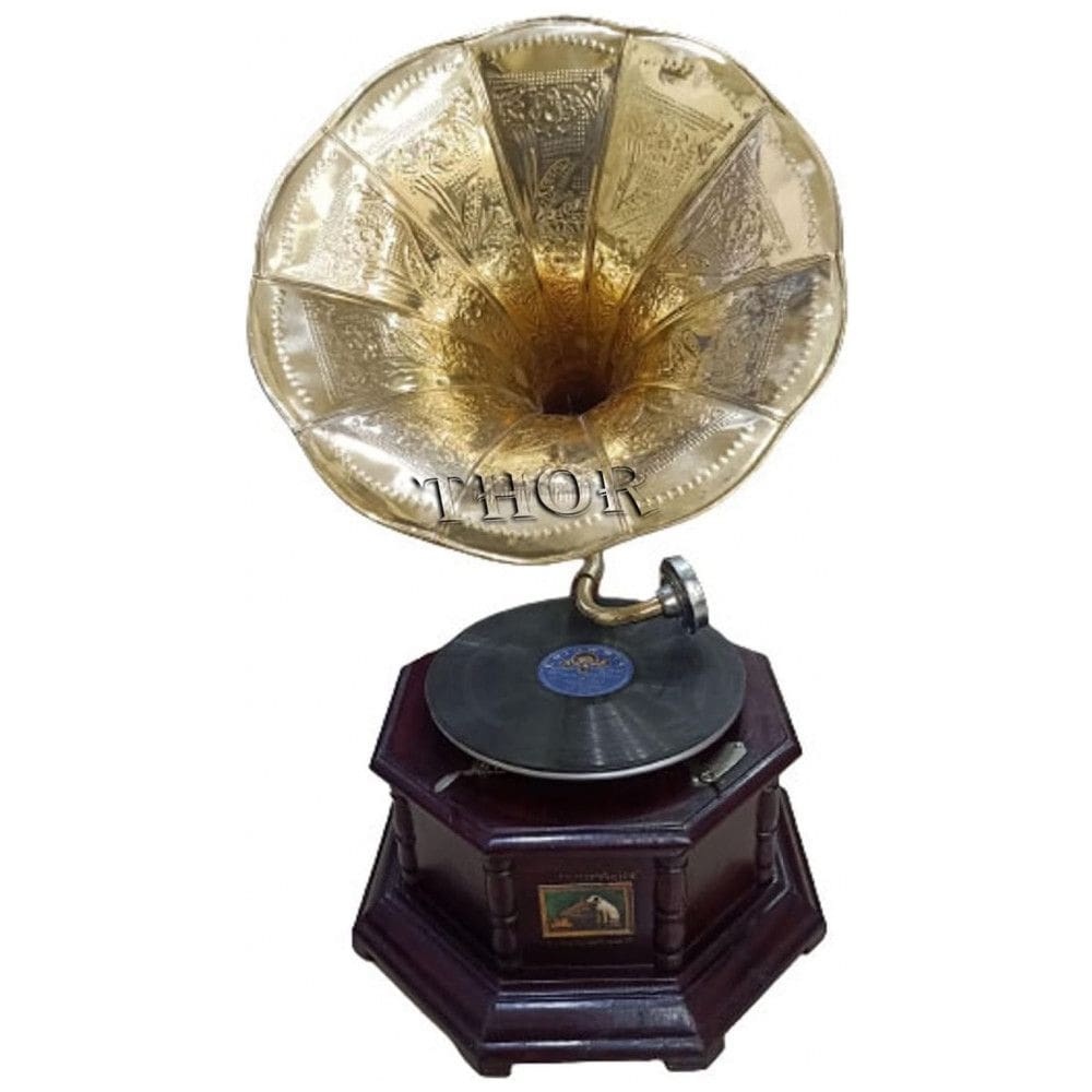 Gramofone Toca Discos Retrô para Presentes de Decoração de Casa, THOR INSTRUMENTS, Marrom Escuro