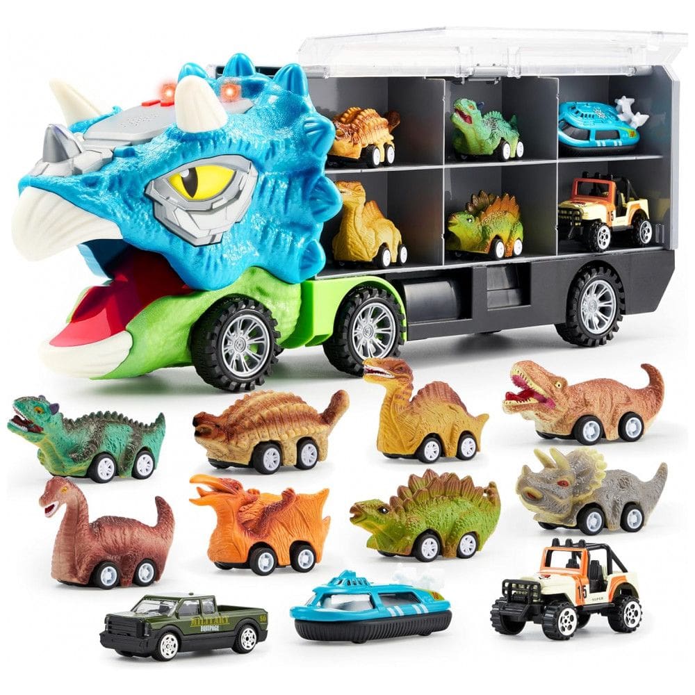 Brinquedo de Dinossauro JOYIN 13 em 1 para Crianças 3-5 anos, Caminhão Triceraptor com 12 Carros de Tração, Presente de Aniversário para