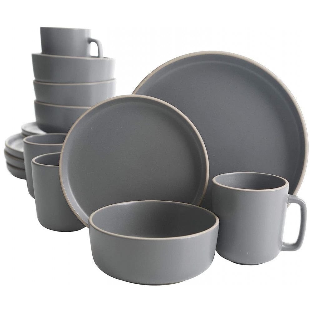 Aparelho de Jantar com 16 Peças em Cerâmica Faiança Incluindo Pratos, Xícaras e Bowls, Gibson Home Zuma, Cinza