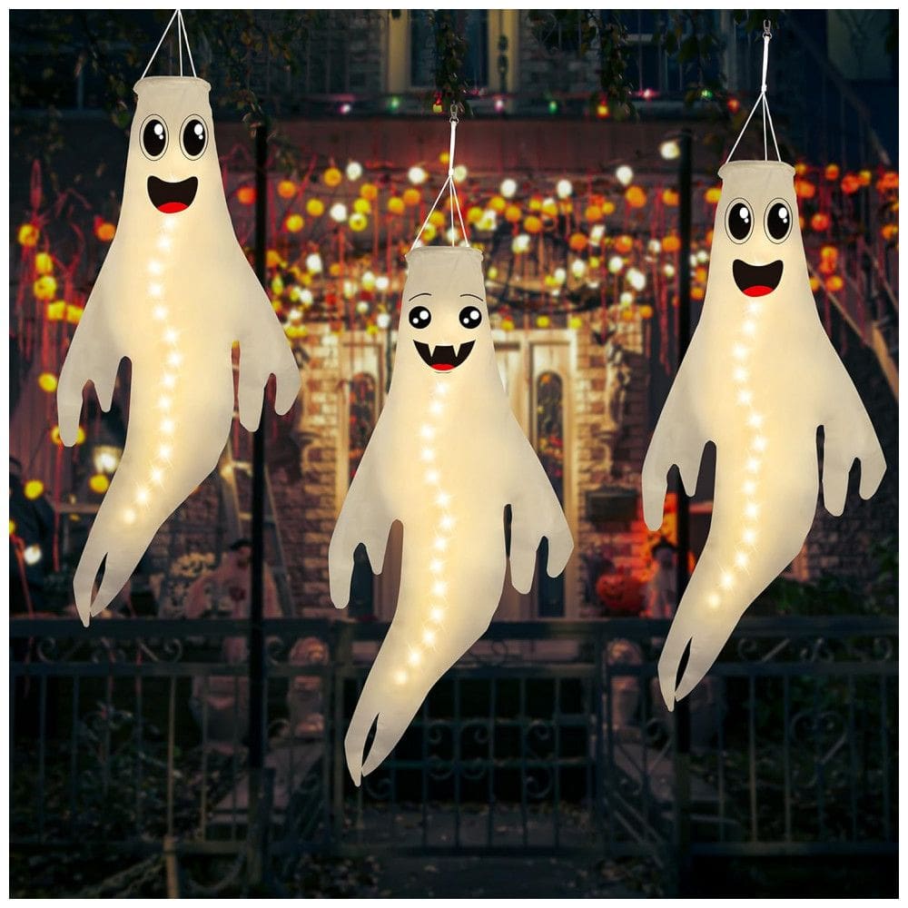 Kit Fantasmas de Pendurar com Luz LED para Decoração de Halloween, 3 UN, Branco