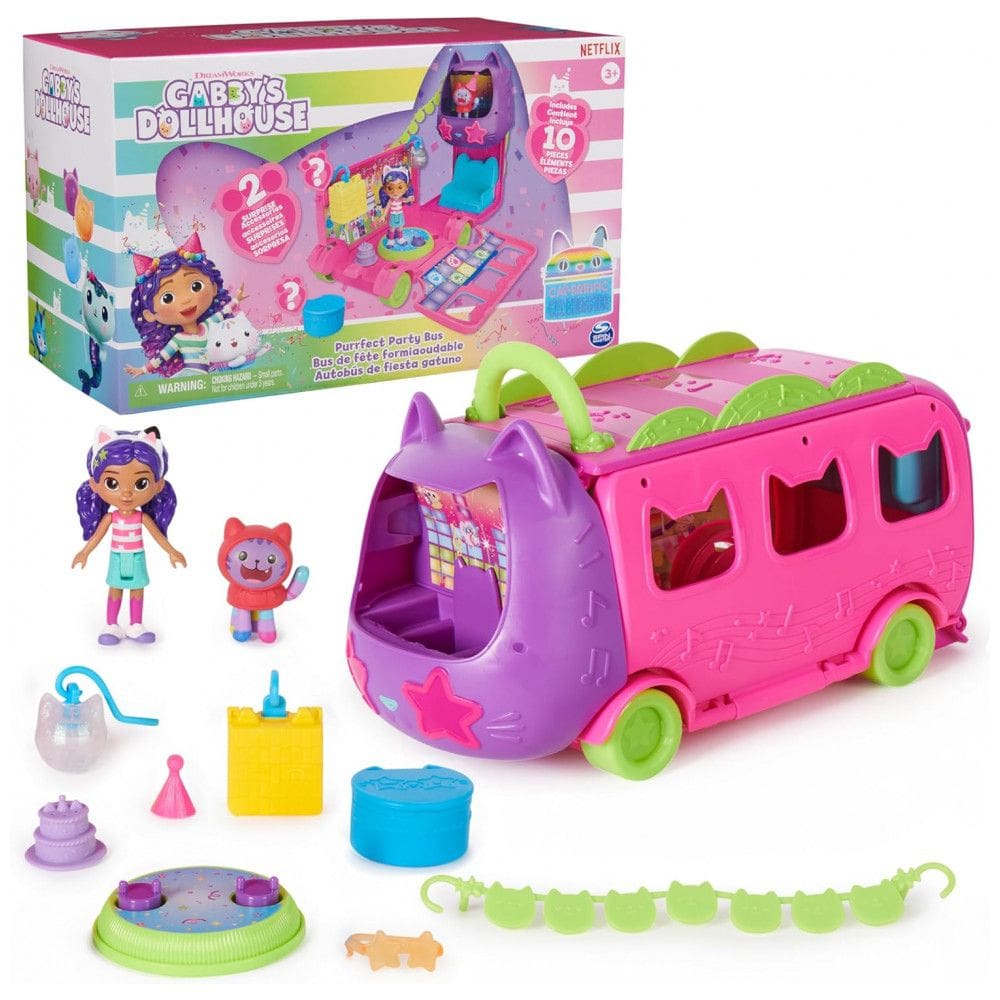 Ônibus de Festa da Gabby`s Dollhouse, Playset Transformável com Boneca DJ Gabby Catnip e Acessórios de Casa de Bonecas, Brinquedos para